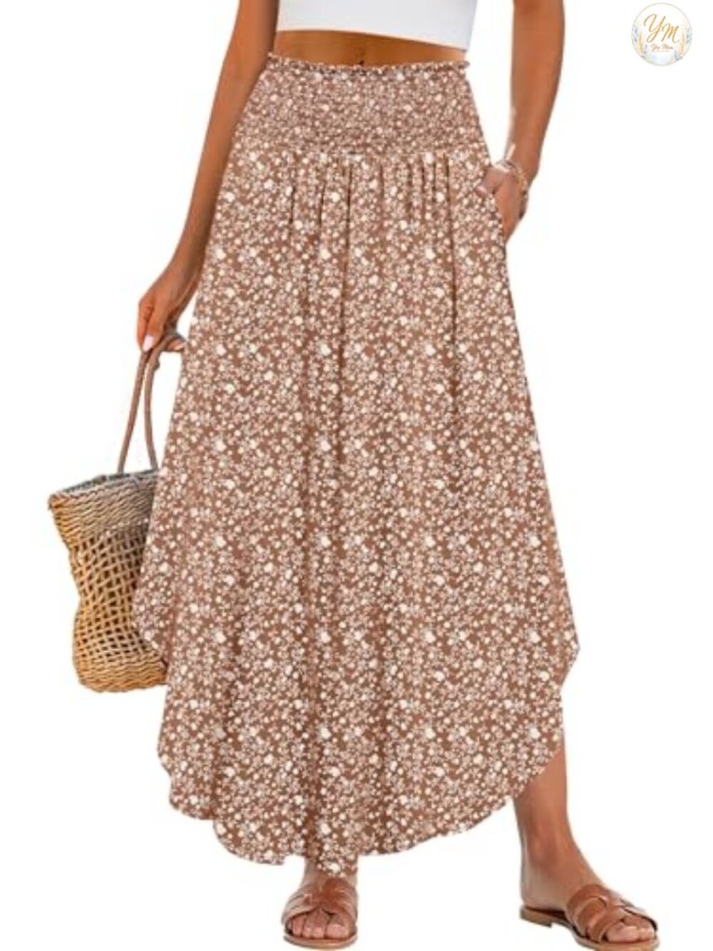 Women's Maxi Skirt Floral High Waisted Flowy Swing Pleated Beach Long Skirt